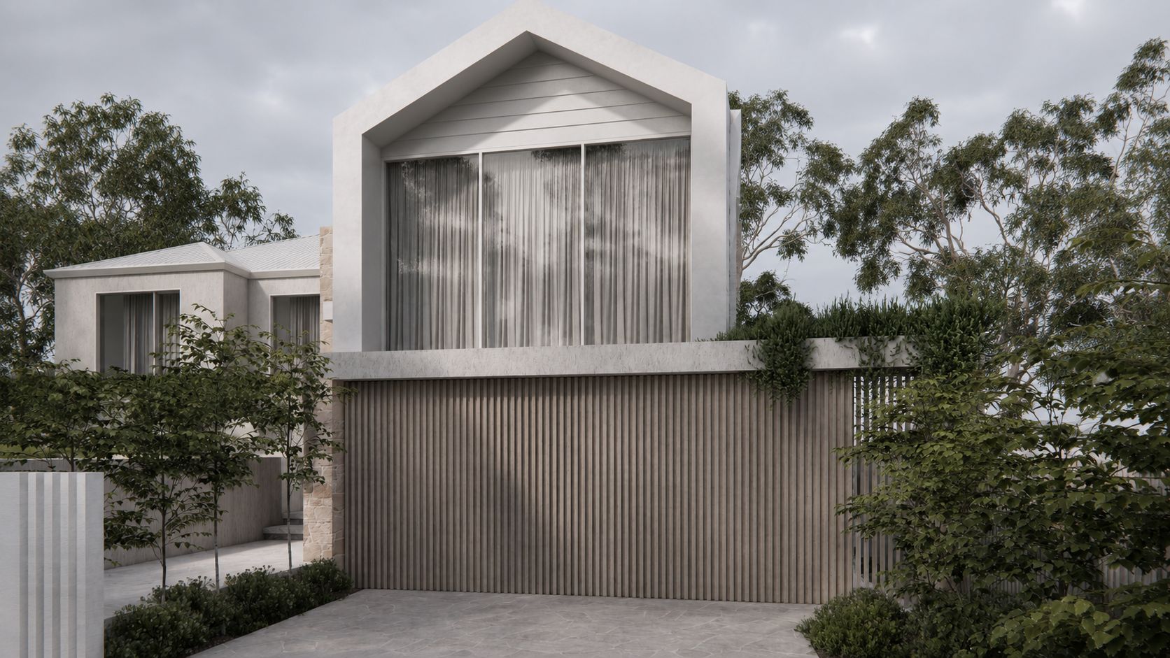 Render of a Berwick home with a pitched render gable above a timber batten garage screen.