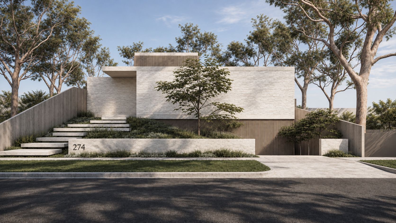 Render of a street frontage with floating stone steps rising past a pale rendered wall and a timber screen.